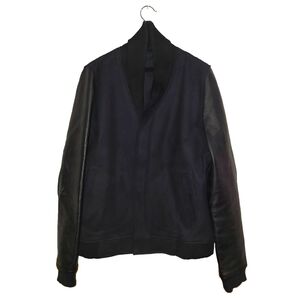 Sandro Navy Bomber Jacket With Leather Sleeves
